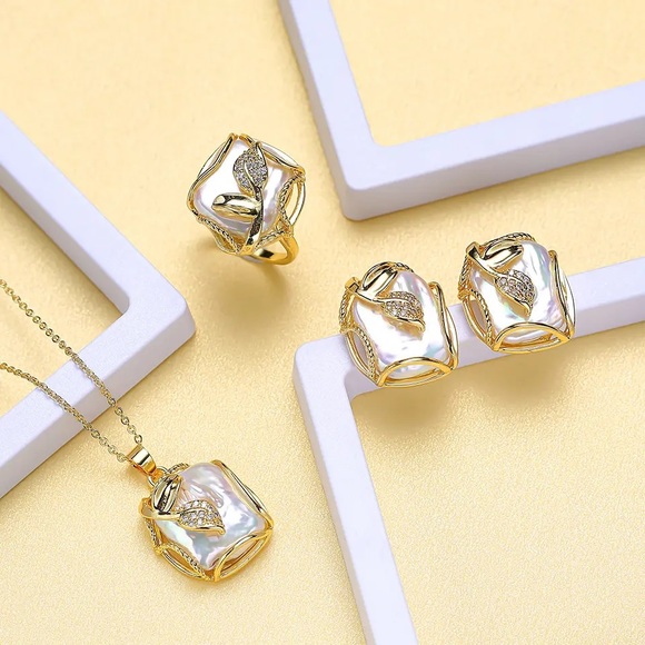 Authentic freshwater baroque pearl jewelry set: necklace & earrings & ring set - Picture 3 of 10